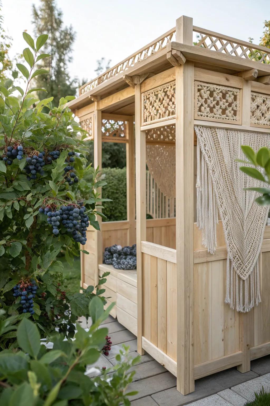 Secure your blueberries in style with a stunning garden enclosure that blends Scandinavian simplicity with Boho charm.
