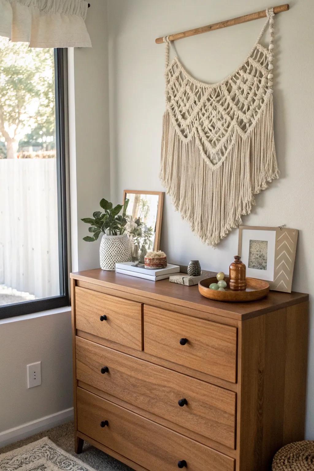 A macramé wall hanging adds texture and warmth to a boho dresser.