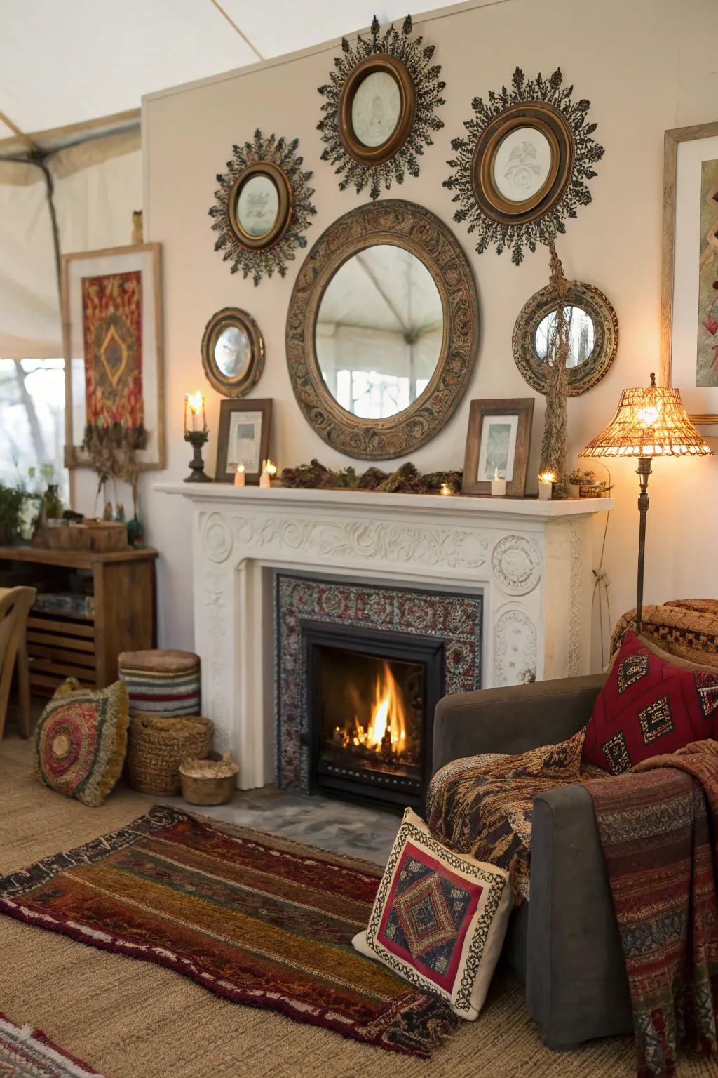 A fireplace enhanced with decorative mirrors and unique art pieces, exuding bohemian charm.
