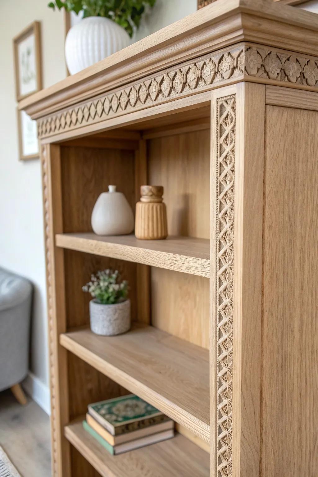 Shelf Edge Elegance: Transform your bookcase into a masterpiece with stunning edge trim details.