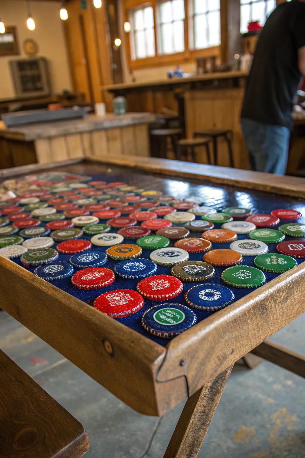 Elevate your space with a unique bottle cap epoxy table that tells your story.