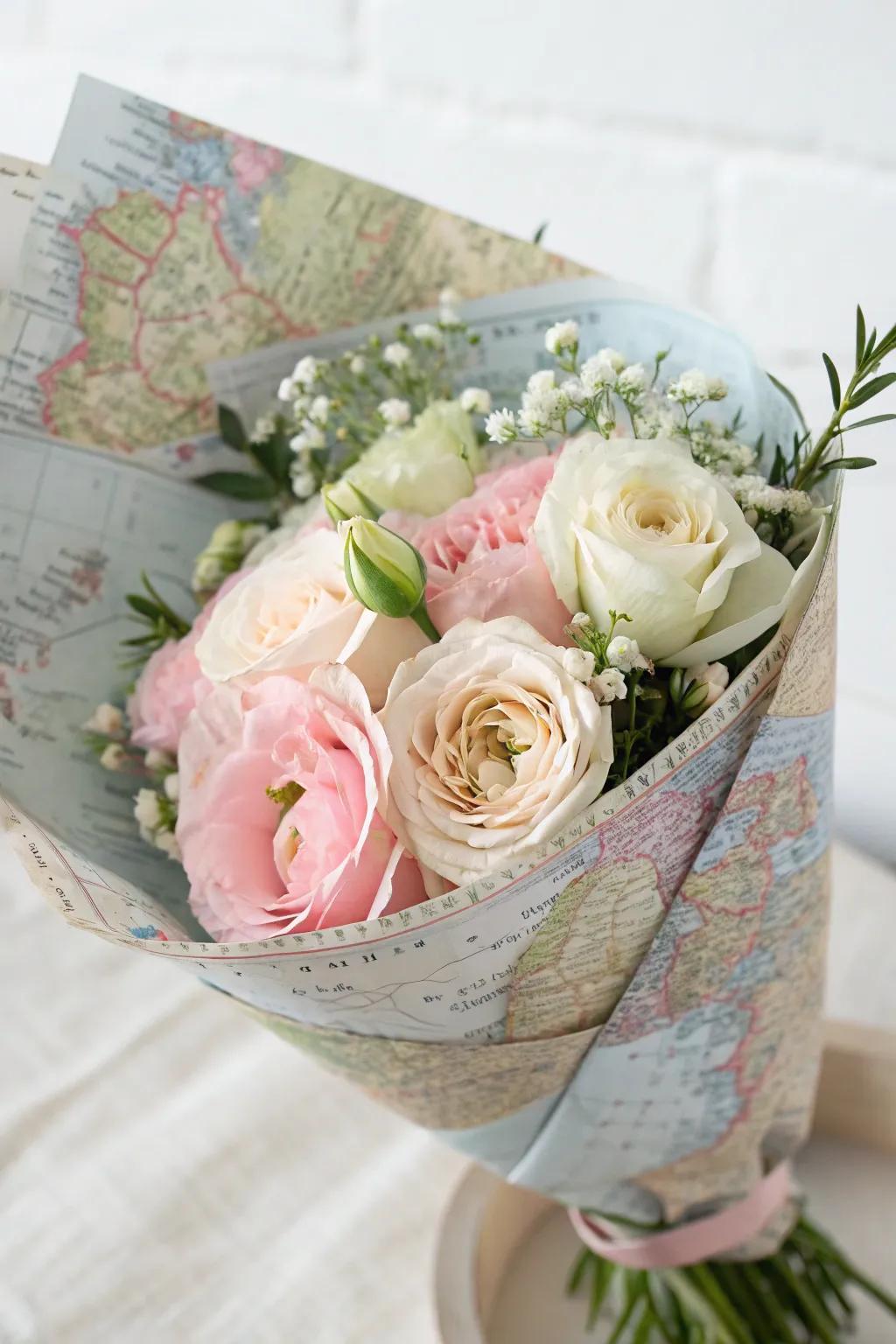 Unwrap an adventure with a bouquet wrapped in memories of old maps.