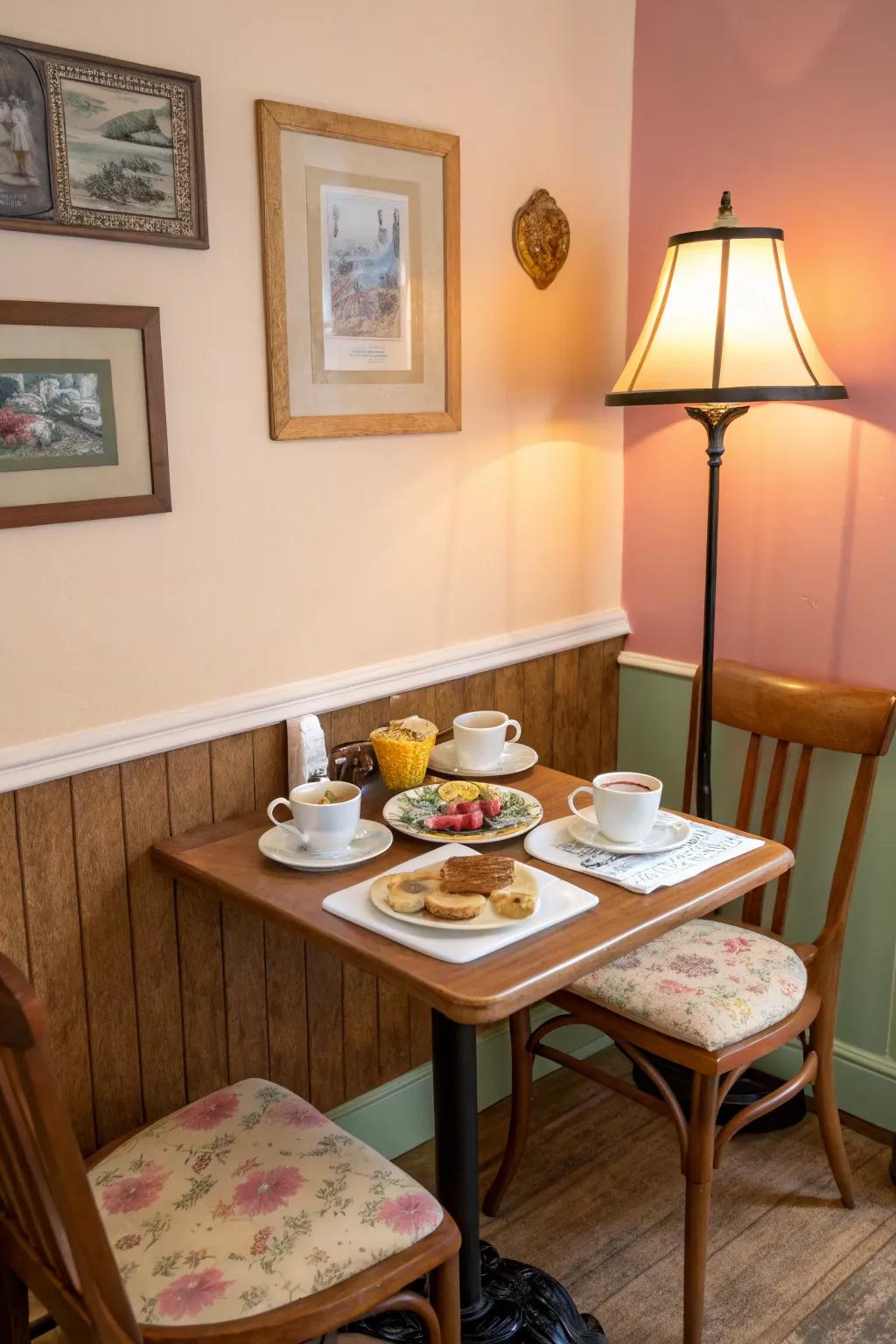 A lamp providing a warm glow in a cozy breakfast nook.