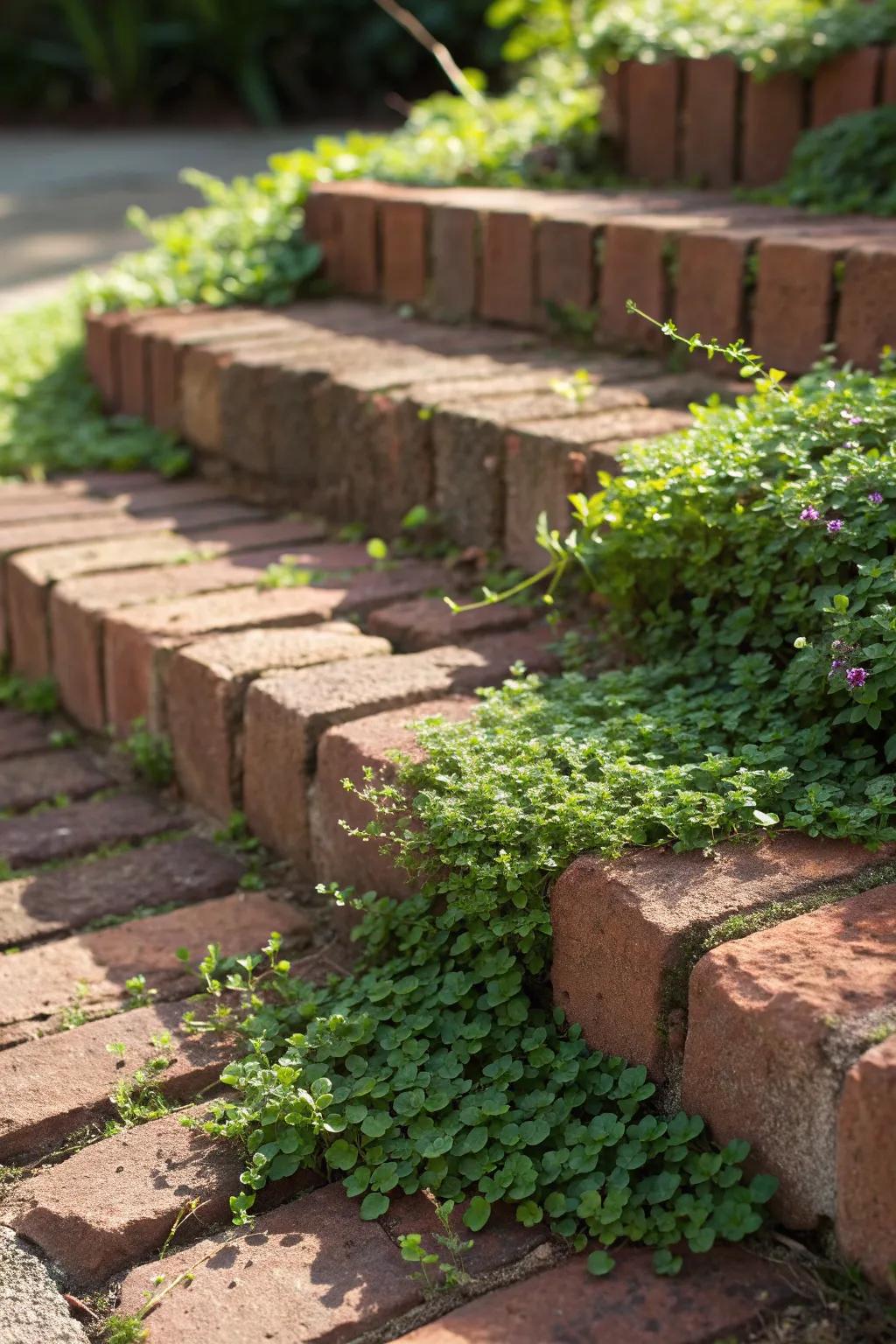 Elevate your garden steps with the vibrant charm of creeping thyme, perfect for adding life and fragrance to your outdoor space.