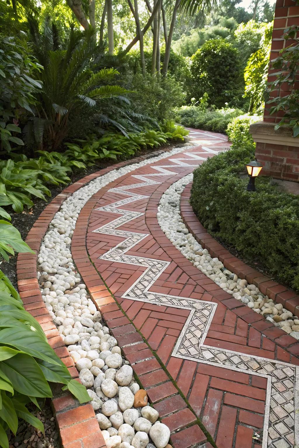Elevate your garden with a charming brick pathway that combines bold contrasts and exquisite craftsmanship.