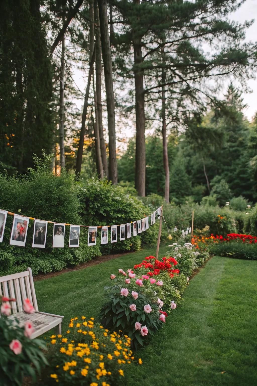 Greenery backdrop with hanging photos at a garden bridal shower.