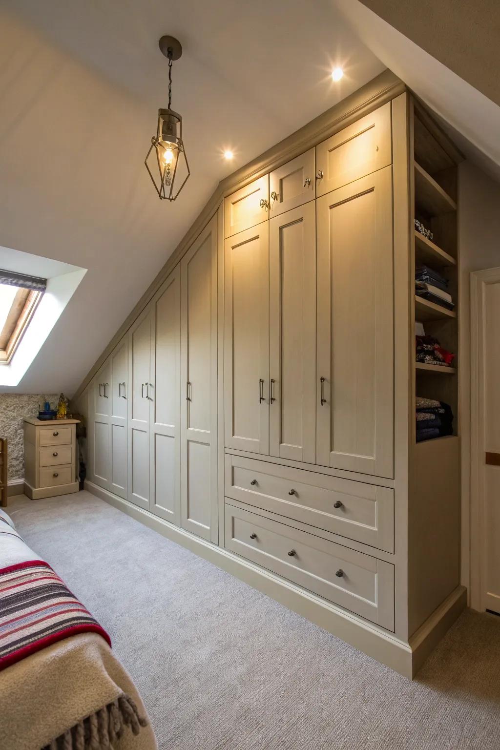 A custom wardrobe that fits perfectly into a room with a sloped ceiling.