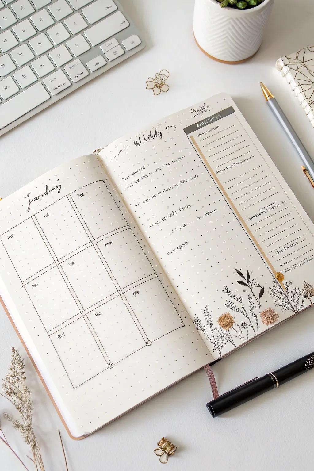 Embrace simplicity and elegance with vertical day blocks in your bullet journal. Perfect for a week full of activities!
