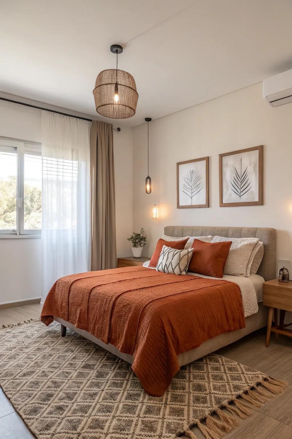Burnt orange bedding adds a vibrant touch to a neutral bedroom.