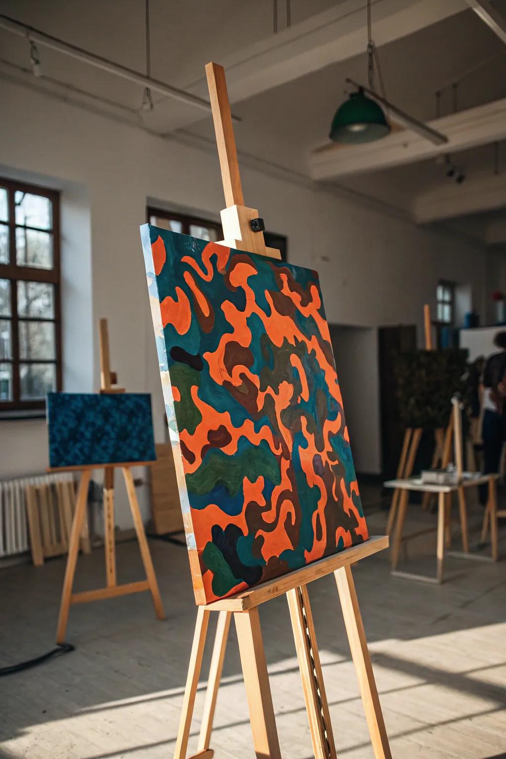 Bold and vibrant camouflage art that transforms any space with its dynamic colors.