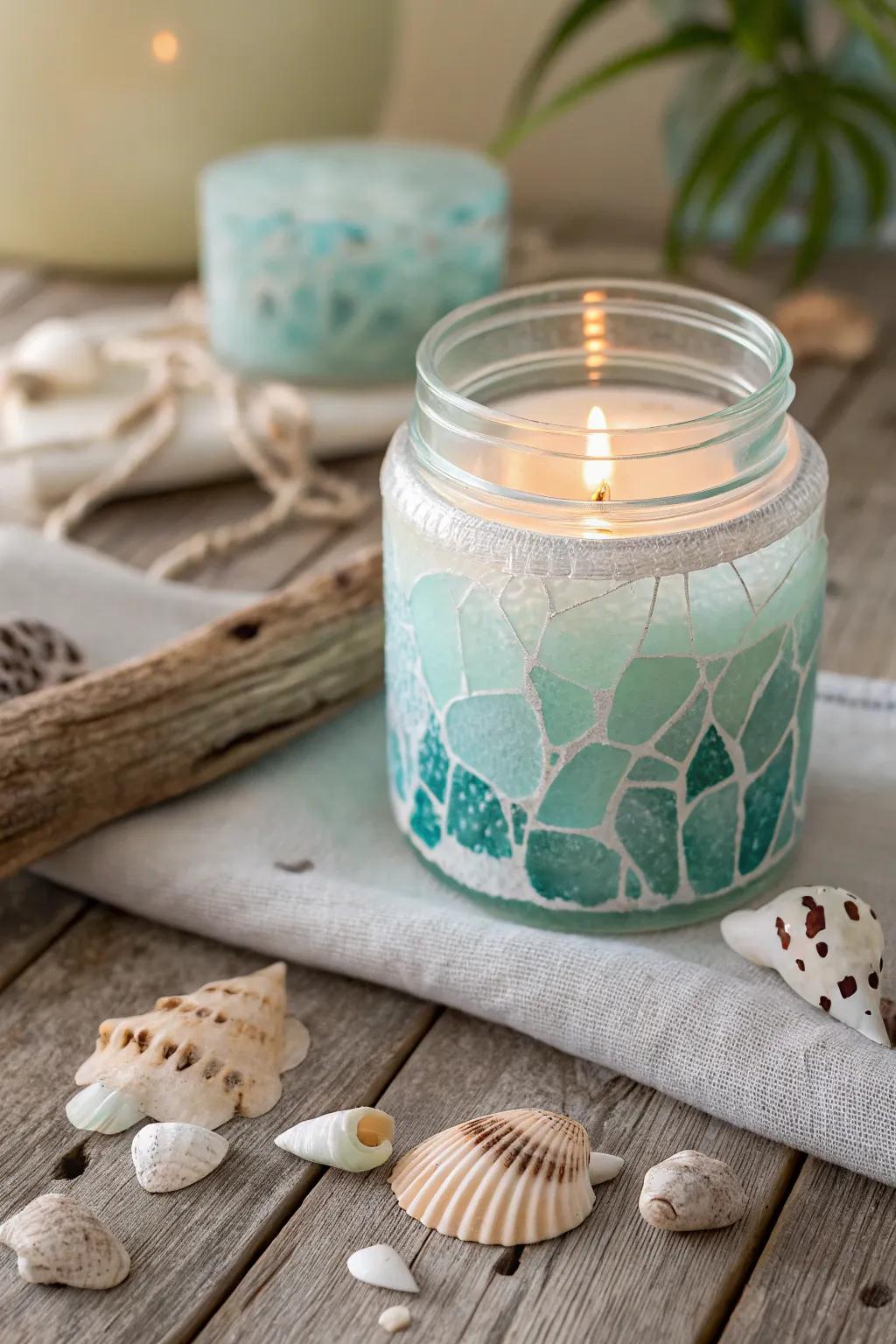 Bring the serene beauty of the beach into your home with this sea glass candle jar.