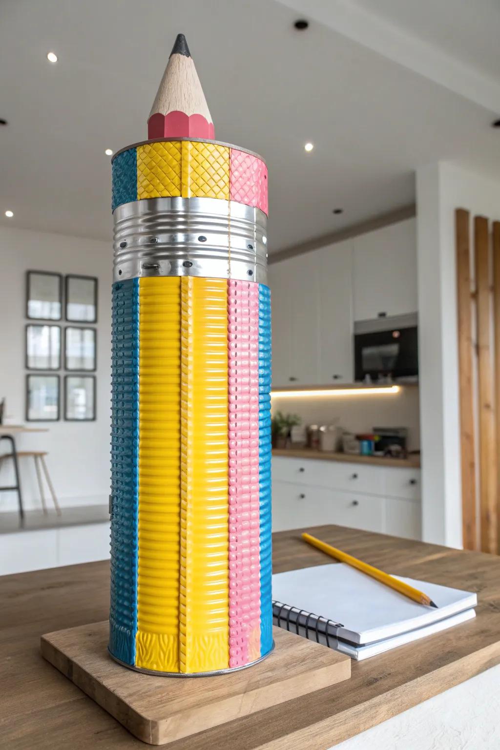 A masterpiece of creativity: Giant pencil and notebook crafted from cans, adding a unique touch to any workspace.