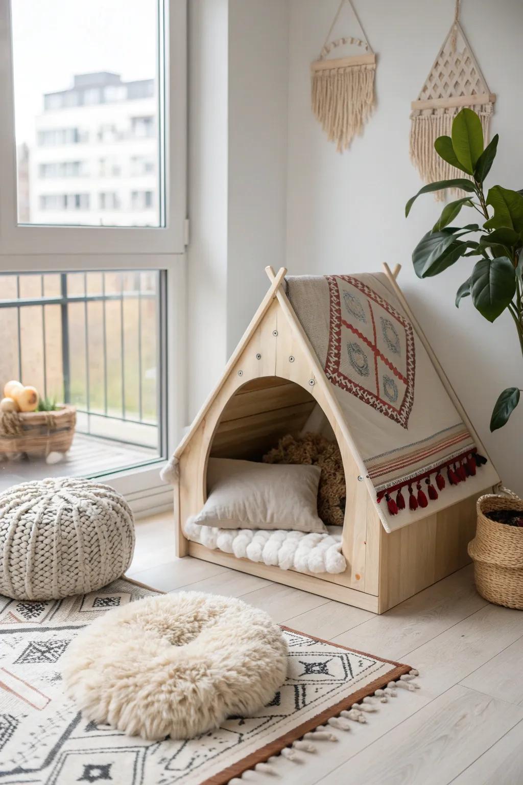 Create a serene sanctuary for your feline friend with this chic and cozy Scandinavian-style cat house, perfect for a sunny window corner.