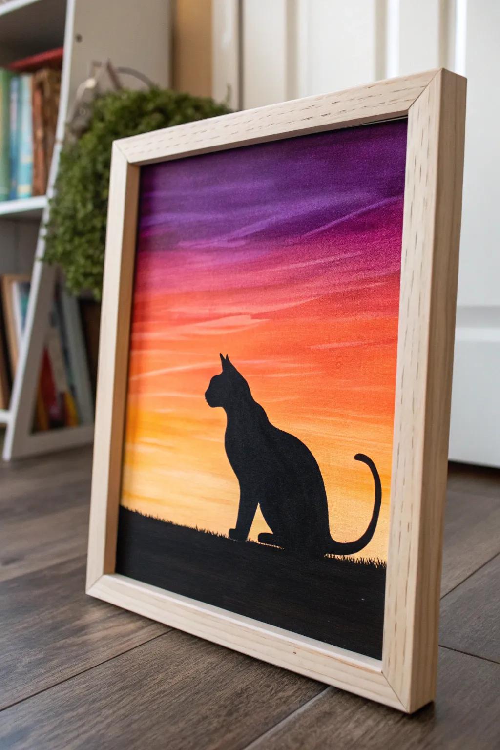 Capture the essence of your feline friend with a dramatic silhouette painting against a stunning sunset backdrop.