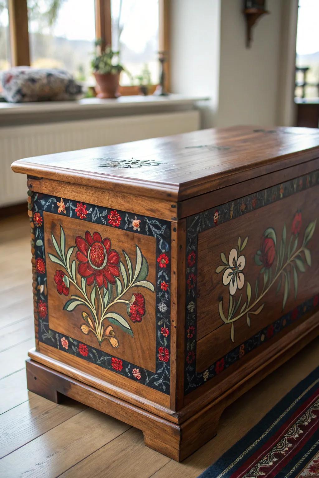 Transform your cedar chest into a masterpiece with bold floral decals that showcase your unique style.