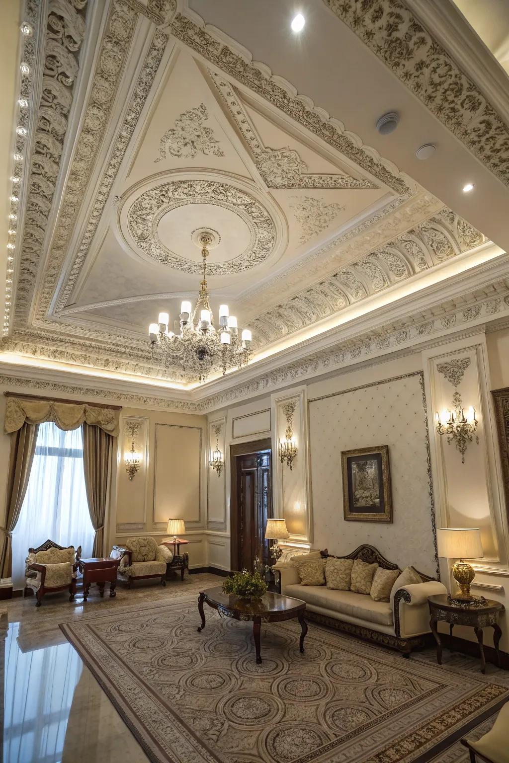 Crown moldings create a seamless and sophisticated transition from wall to ceiling.
