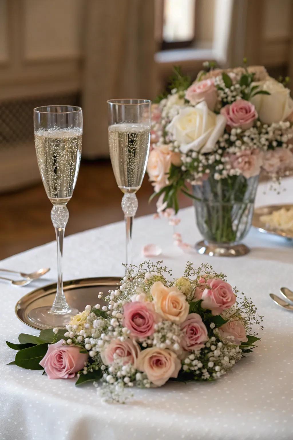 Floral accents add a fresh touch to your champagne toast.