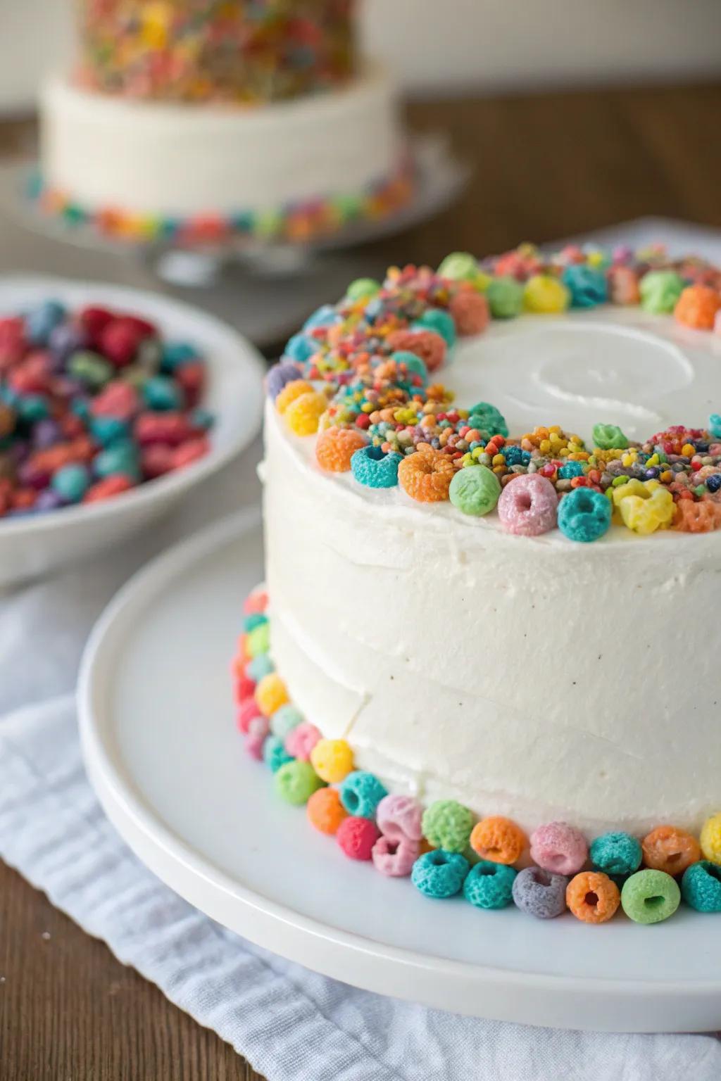 A cake decorated with colorful cereal pieces around the sides and top.