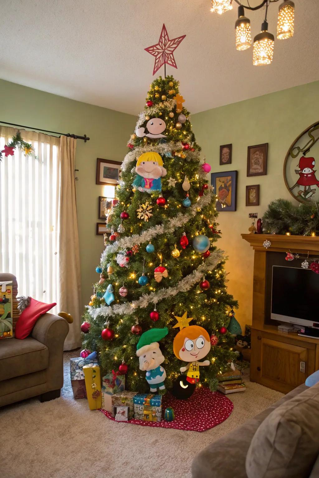 A nostalgic cartoon-themed tree that brings joy to all ages.