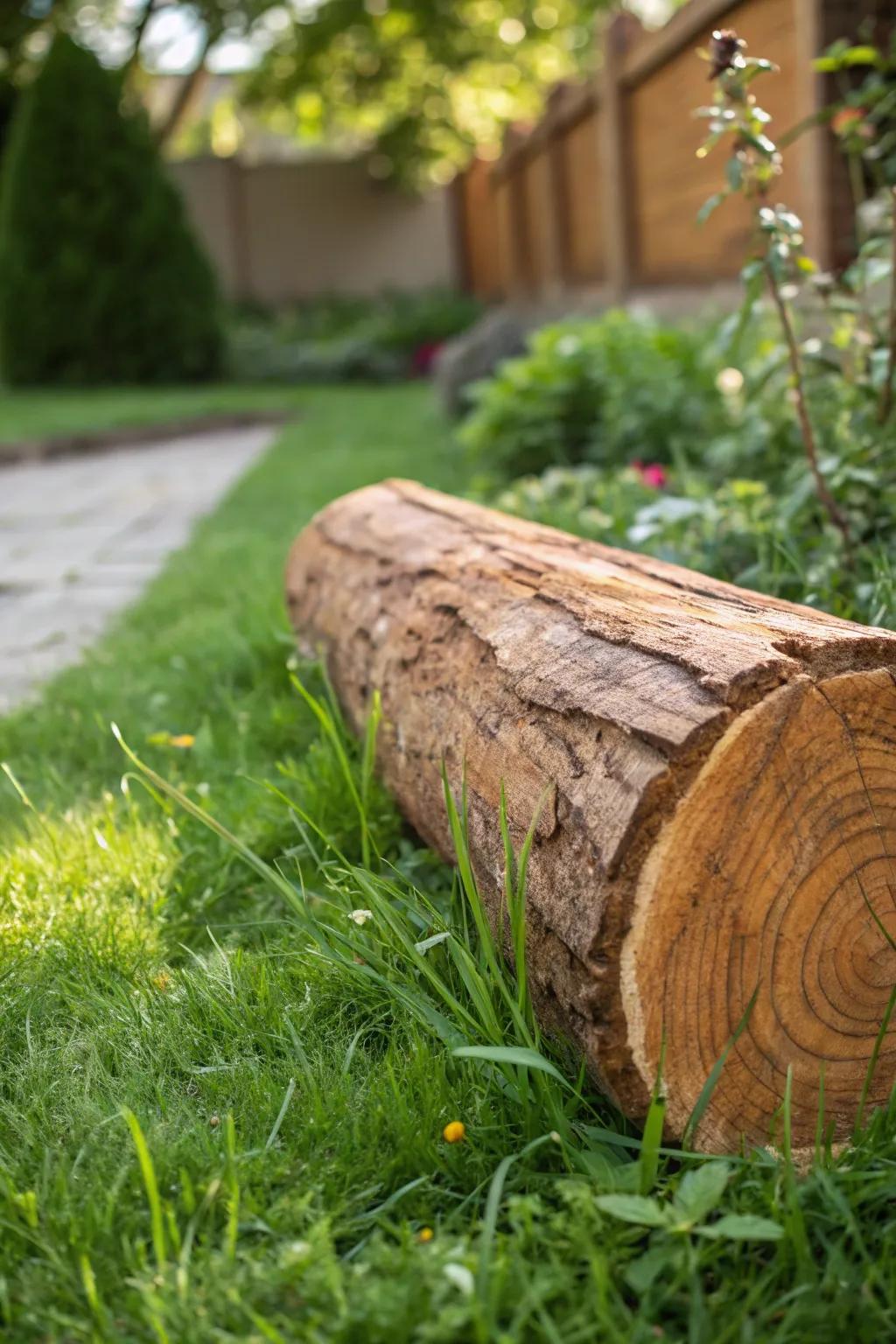 Embrace nature's charm with rustic log roll edging for your garden.