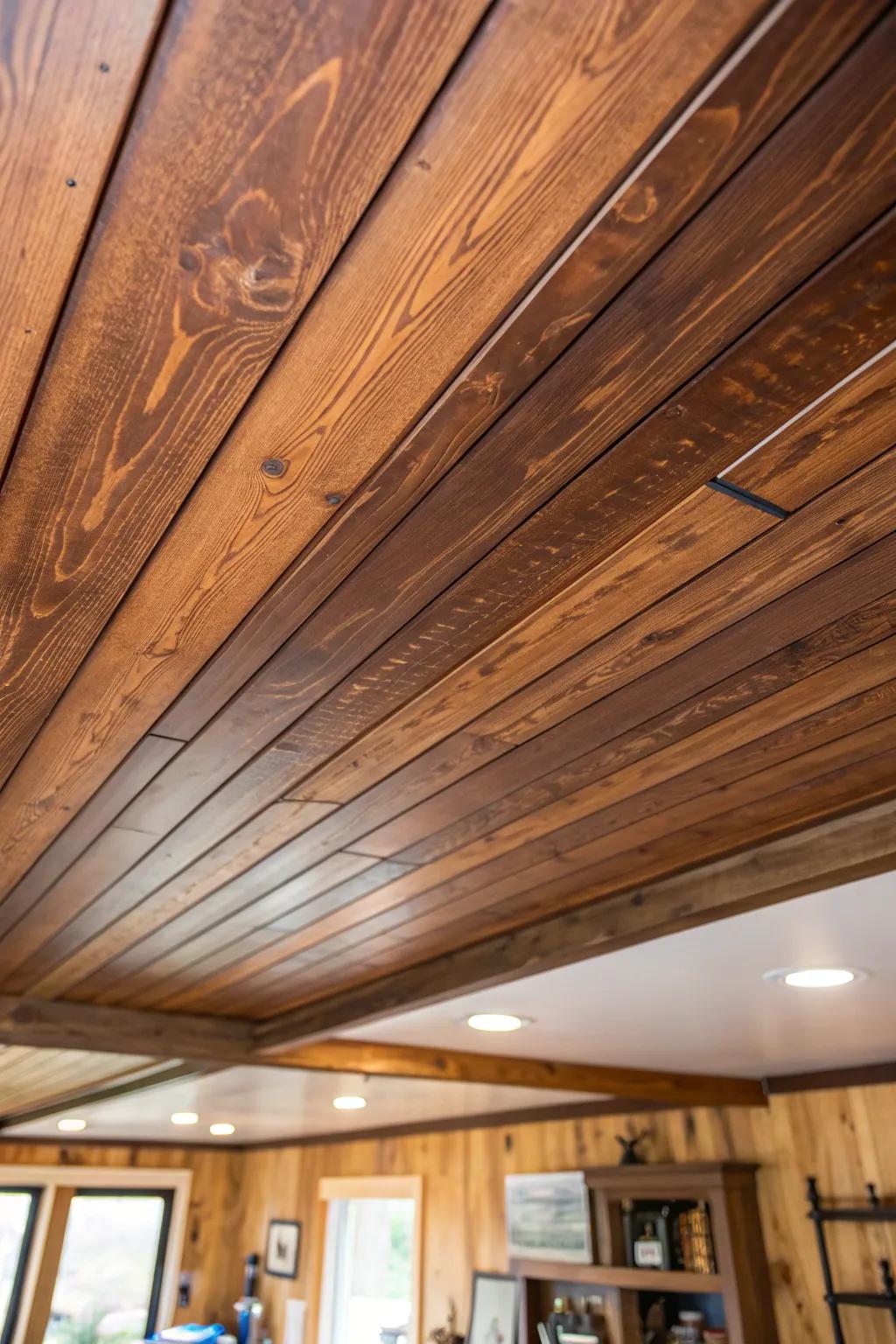 Transform your space with the timeless charm of a wooden shiplap drop ceiling.