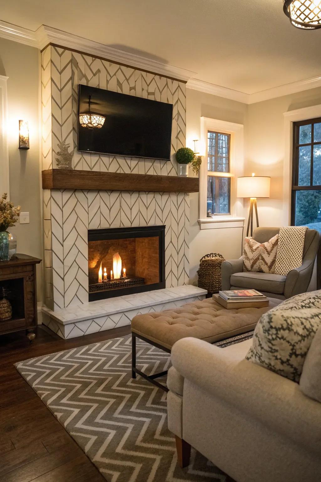A chevron tile surround elevates this fireplace, creating a cozy and artistic focal point.