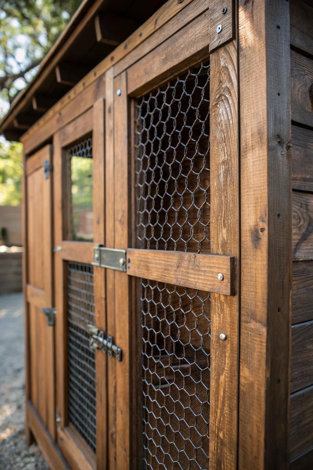 Enhance your coop with a stylish and functional wire mesh door, perfect for ventilation and protection.