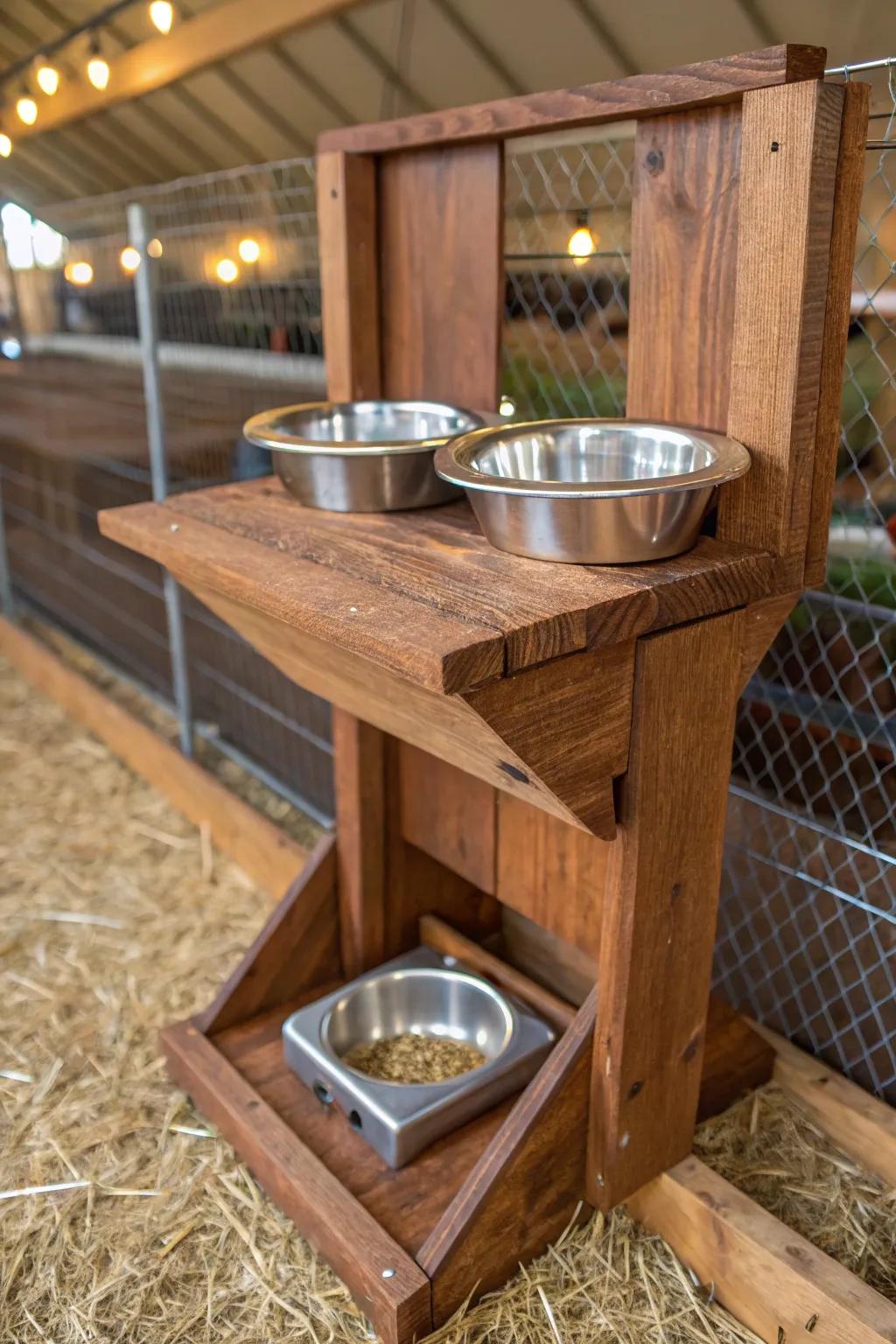 Elevate your coop style with organized feeders and waterers that blend craftsmanship with functionality.
