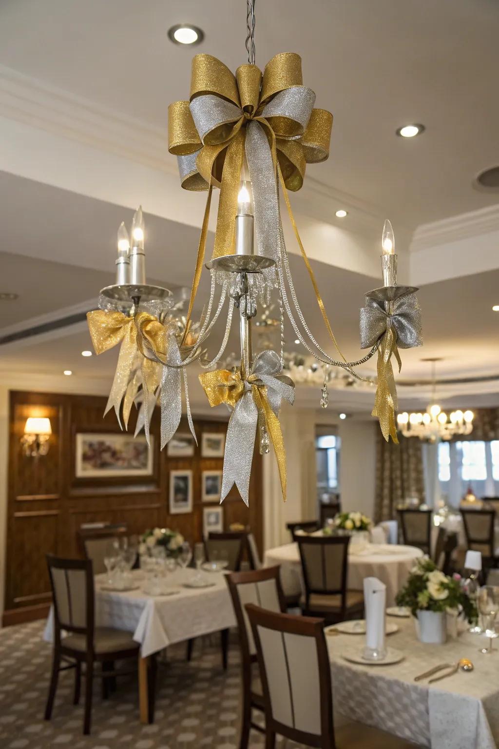 Ribbons and bows bring a touch of elegance to chandelier decor.
