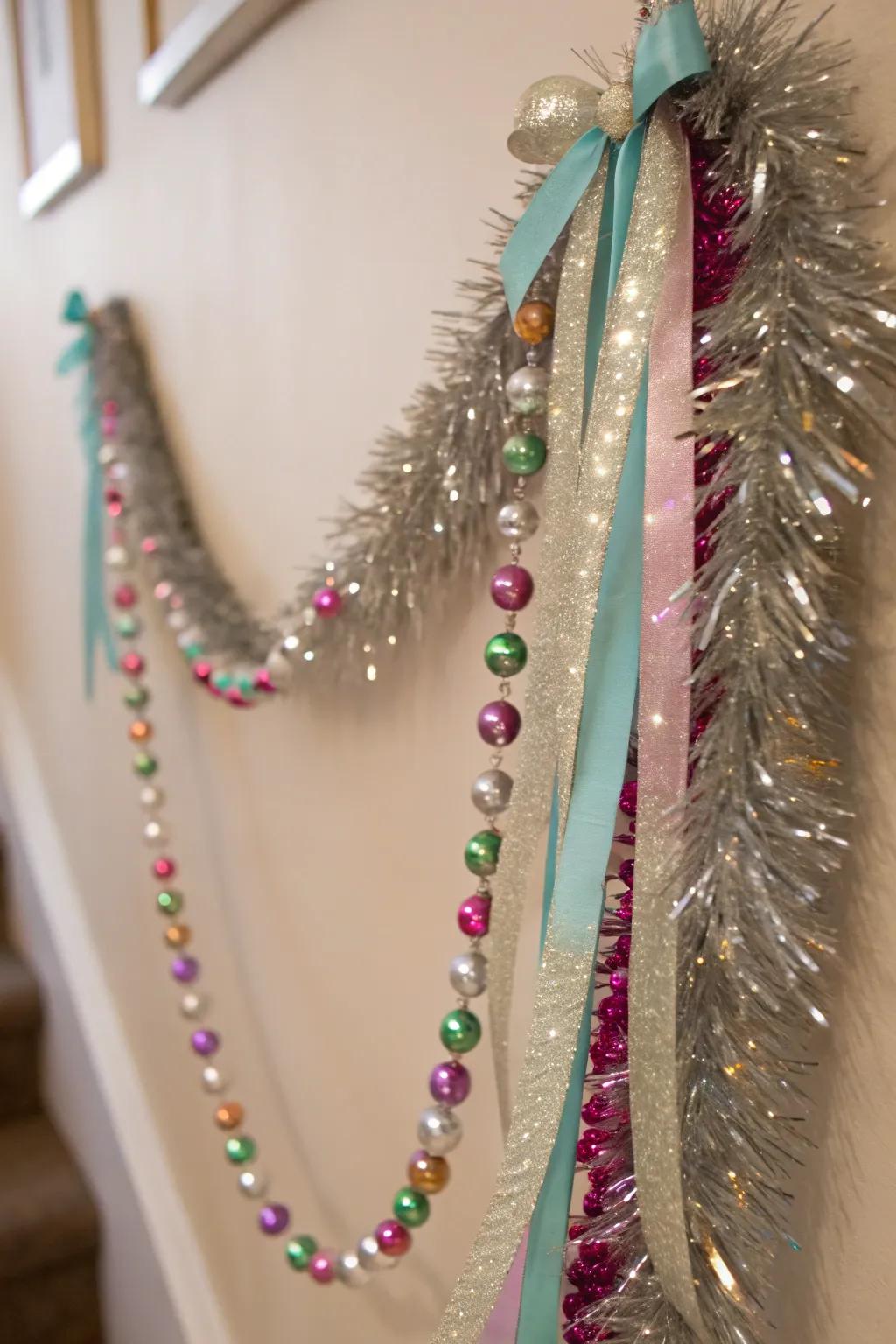 A DIY tinsel garland adds a personal touch to holiday decorations.