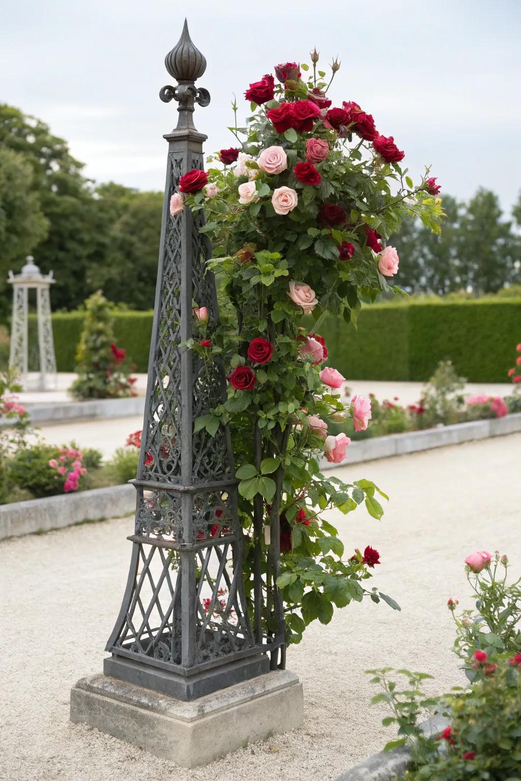Elevate your garden with a stately obelisk adorned with vibrant climbing roses.
