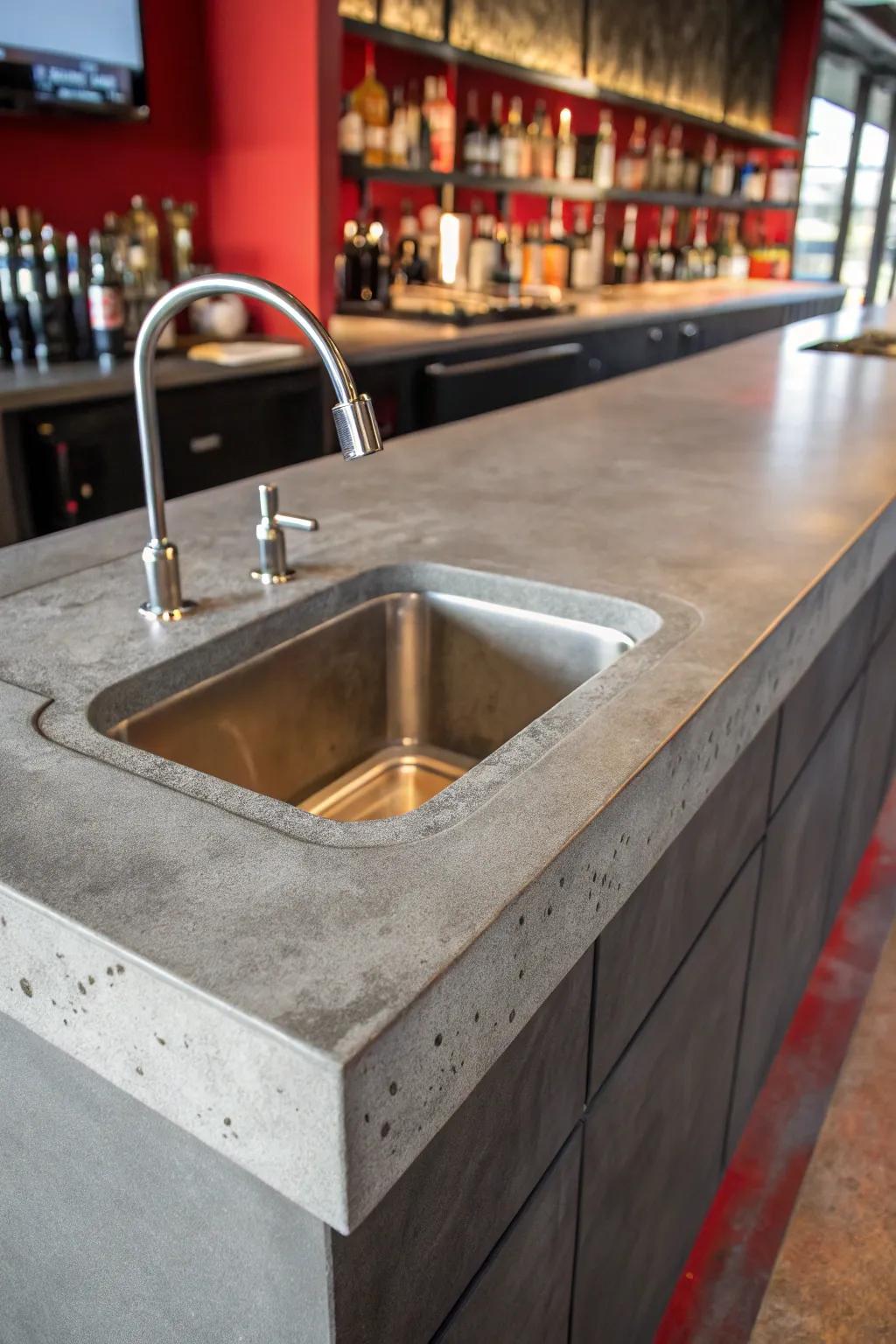 Elevate your bar space with a seamless concrete sink design—where function meets sleek elegance.