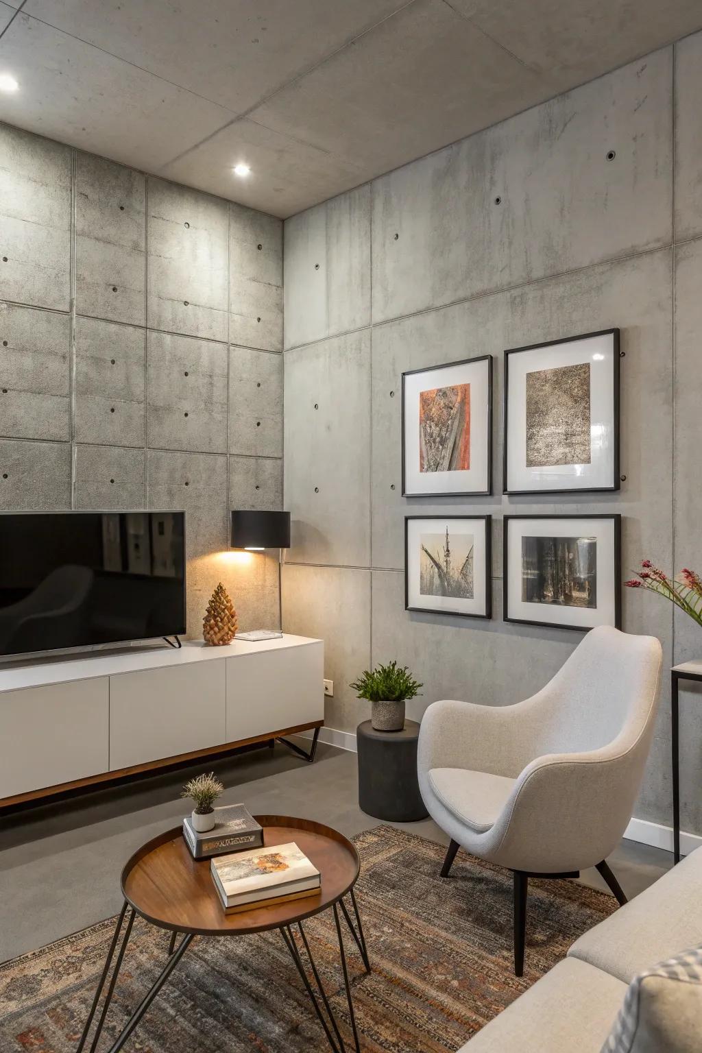 A concrete accent wall serves as an eye-catching focal point.