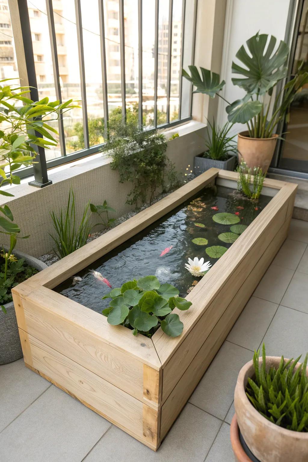 Transform your balcony with a chic planter box pond – where minimalist design meets natural beauty. 🌿🐟 #ScandiBoho #BalconyOasis