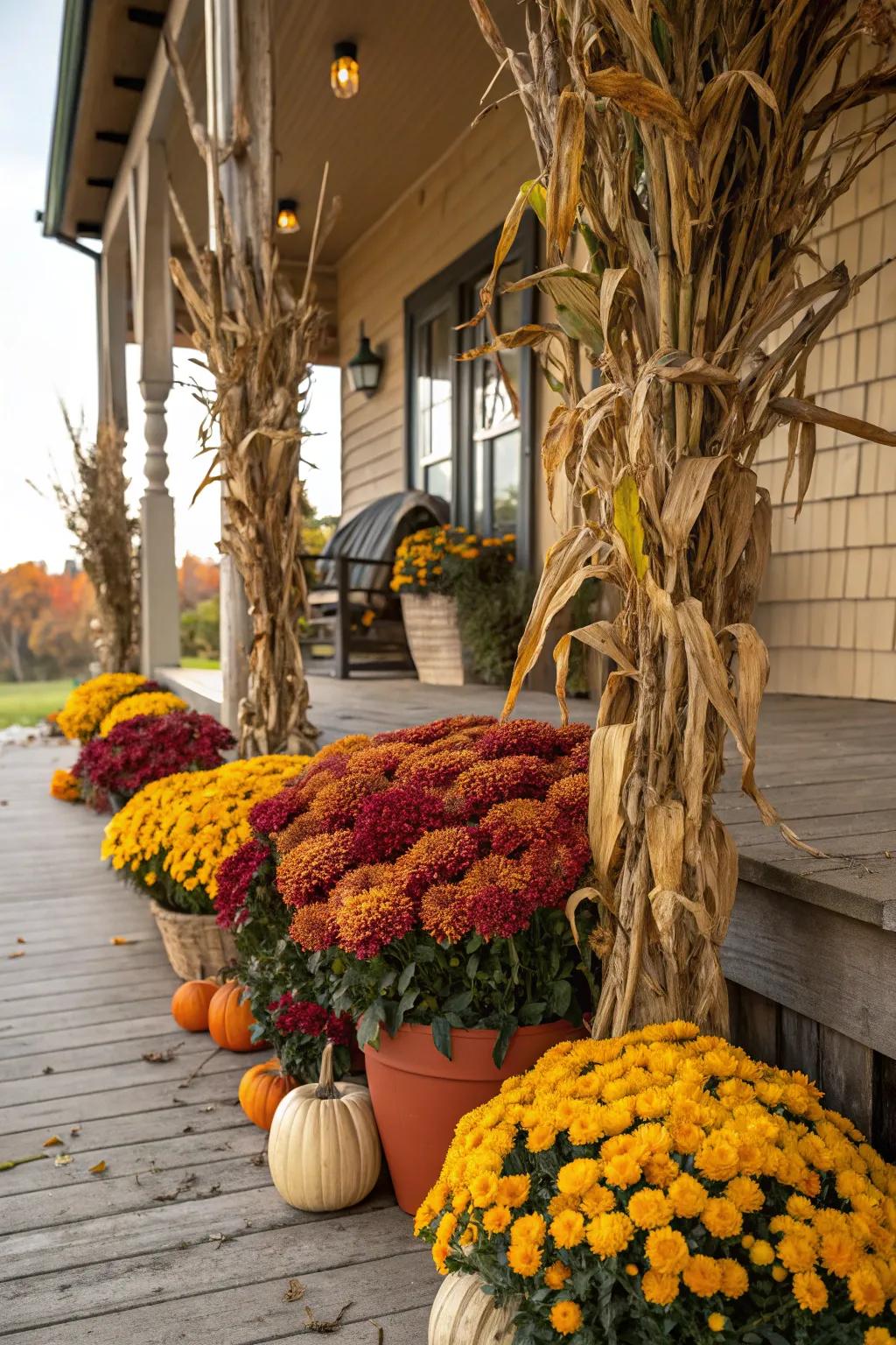 Brighten your porch with a colorful display of corn stalks and mums.