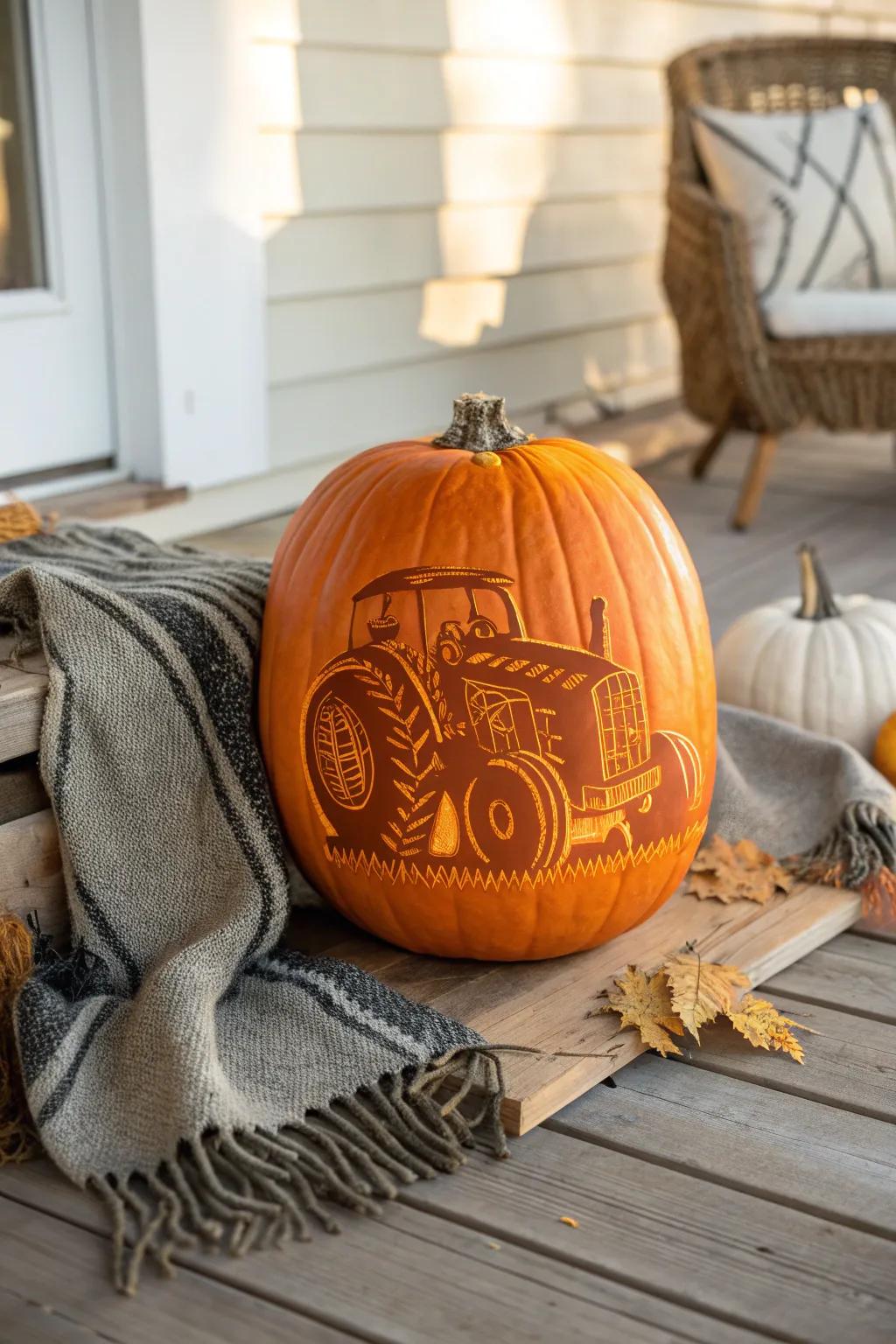 Celebrate the harvest season with a touch of rustic charm. This intricately carved tractor pumpkin brings farm life to your doorstep!