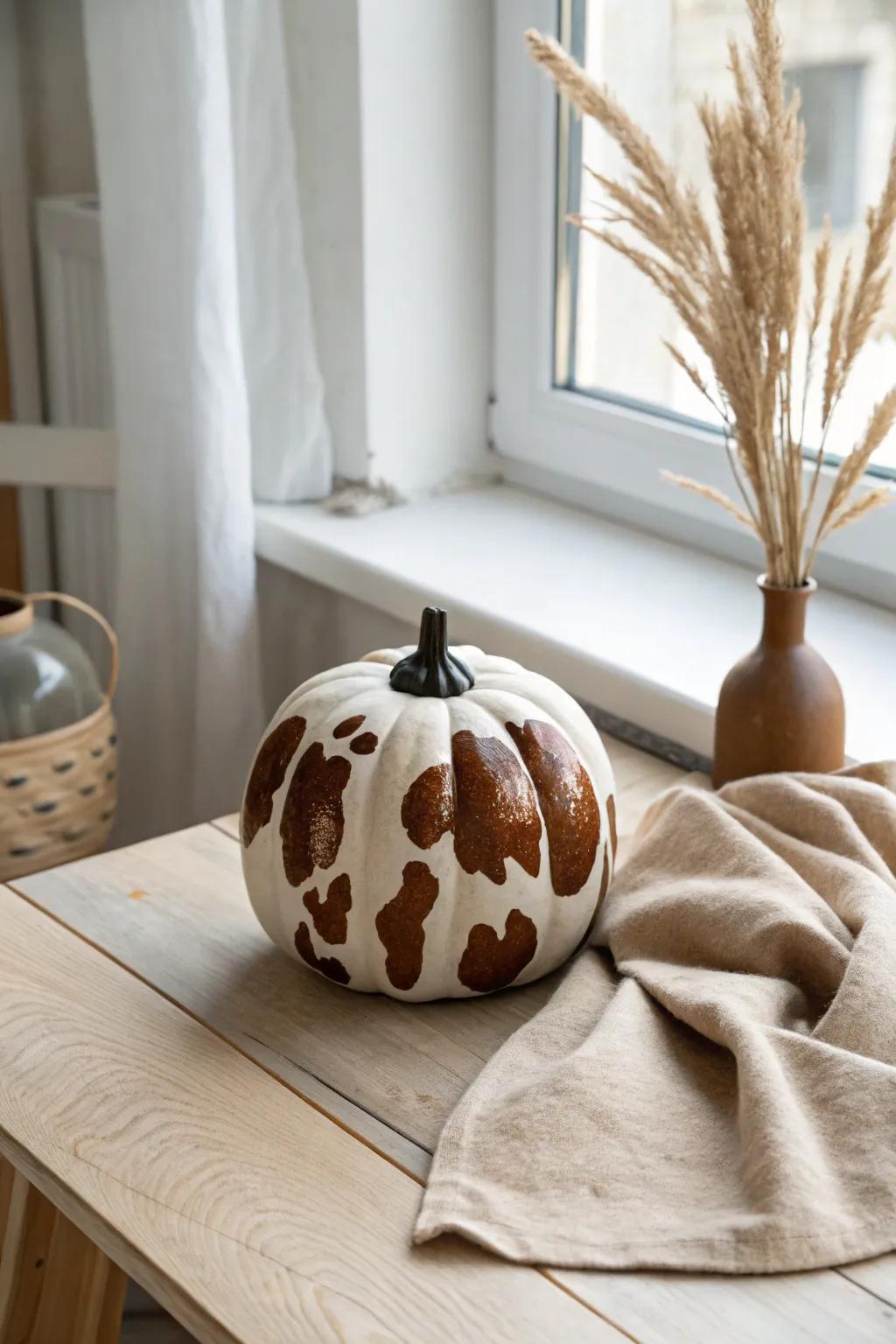 Elevate your pumpkin decor with chic cow-inspired patterns for a unique autumn vibe.