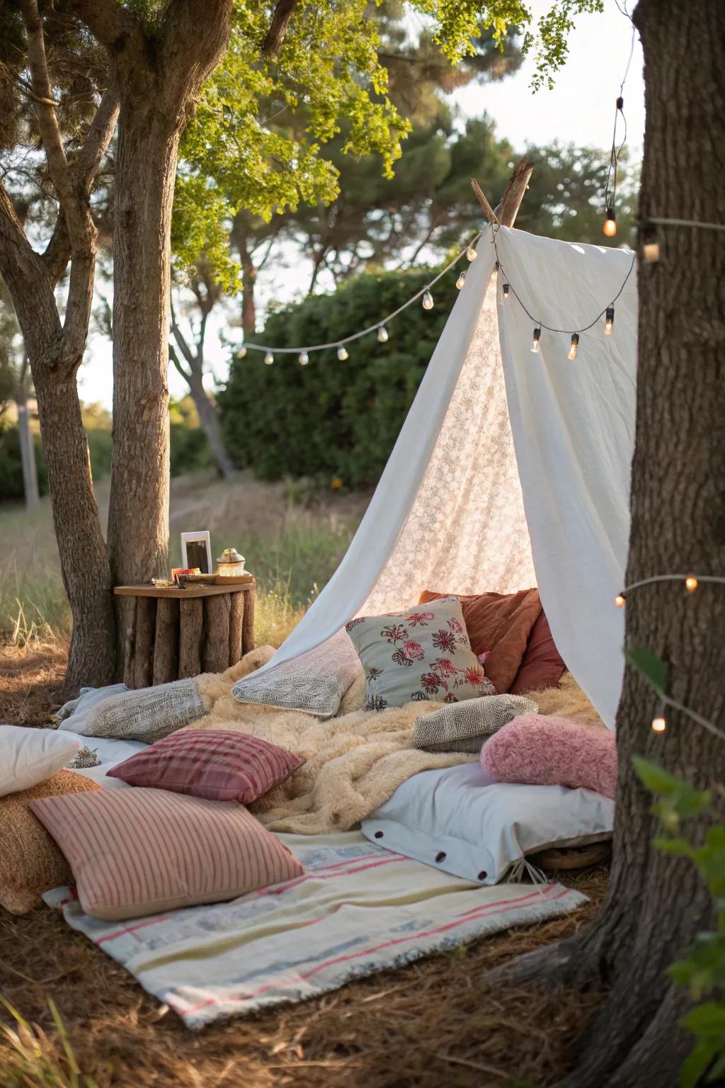 An outdoor blanket oasis surrounded by nature.