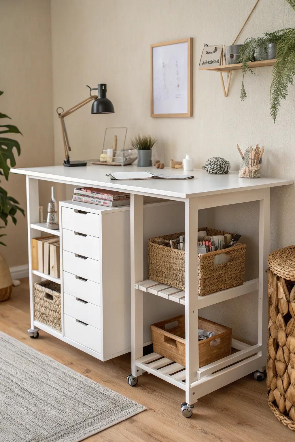Maximize your space with style: Discover the perfect blend of form and function with our compact craft desk and rolling cart combo.
