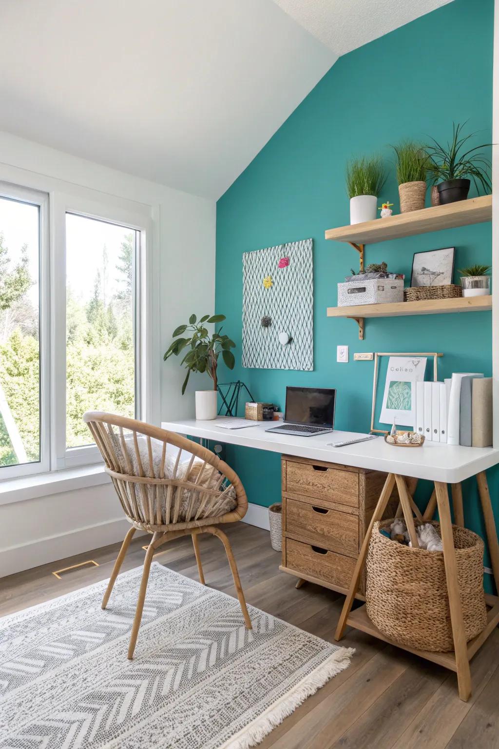 Dive into creativity with a splash of bold aqua in your craft room.