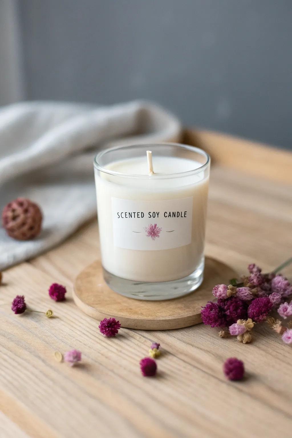 Embrace the art of simplicity with a handcrafted scented soy candle - the perfect blend of elegance and aroma.