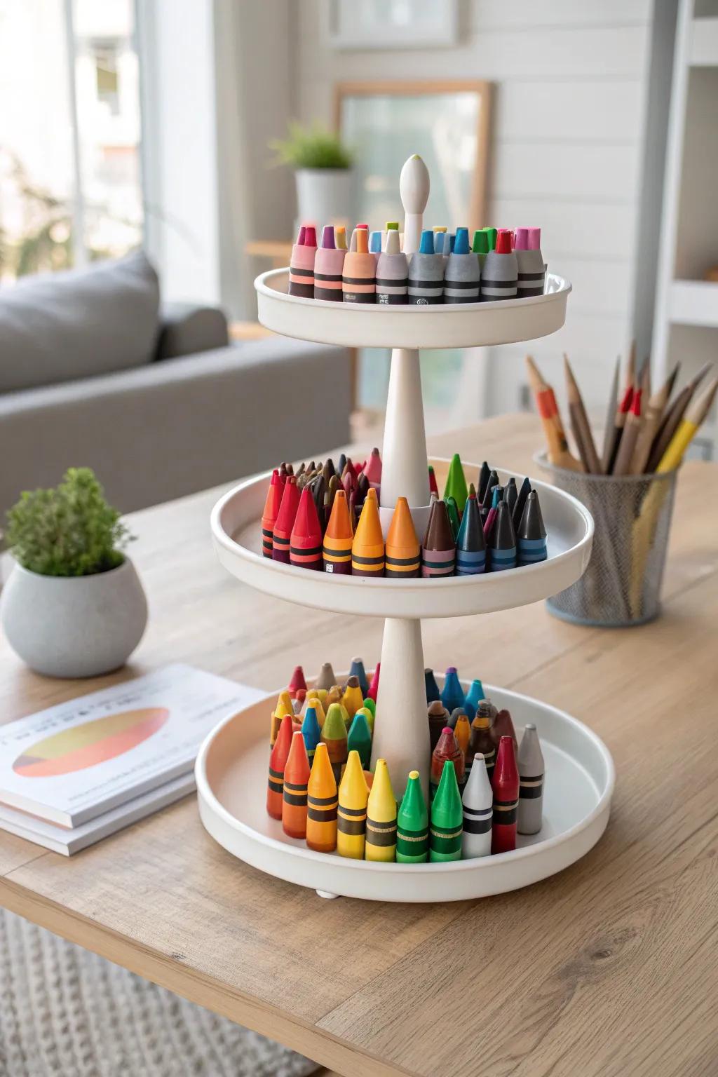 Transform your art supplies into a stylish centerpiece with a tiered tray! 🌈✨ #StorageArtistry #MinimalistBoho