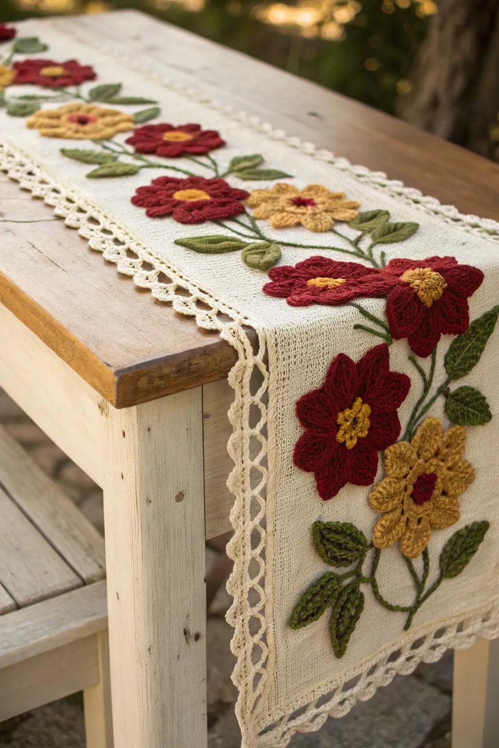 Bring a touch of garden-inspired elegance indoors with a vibrant crochet floral border.