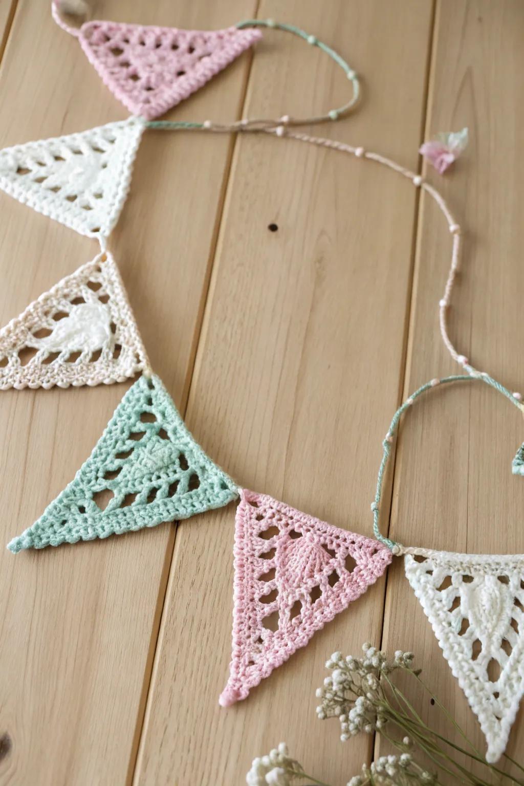 Add a touch of charm to your display with handcrafted crochet bunting, perfect for creating a warm and inviting atmosphere.
