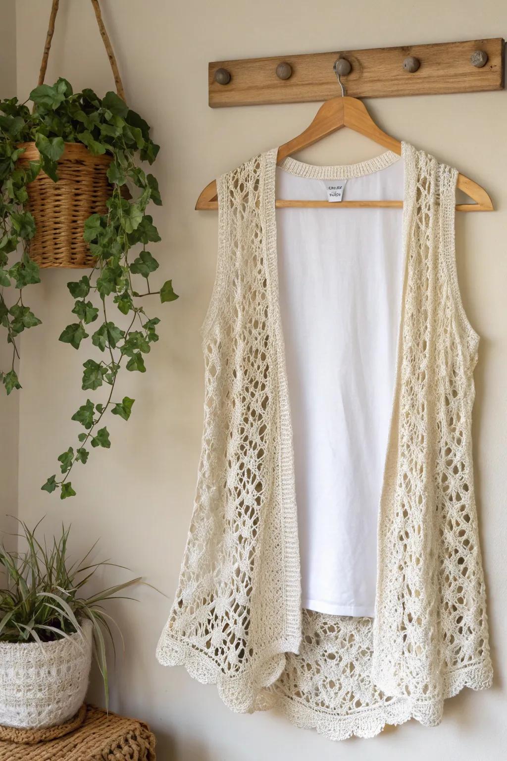 Embrace elegance with a lacy crochet vest, perfect for effortless layering.