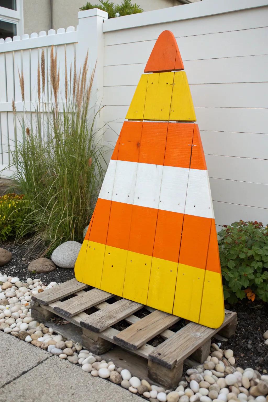 Craft a sweet Halloween vibe with this Candy Corn DIY pallet project!