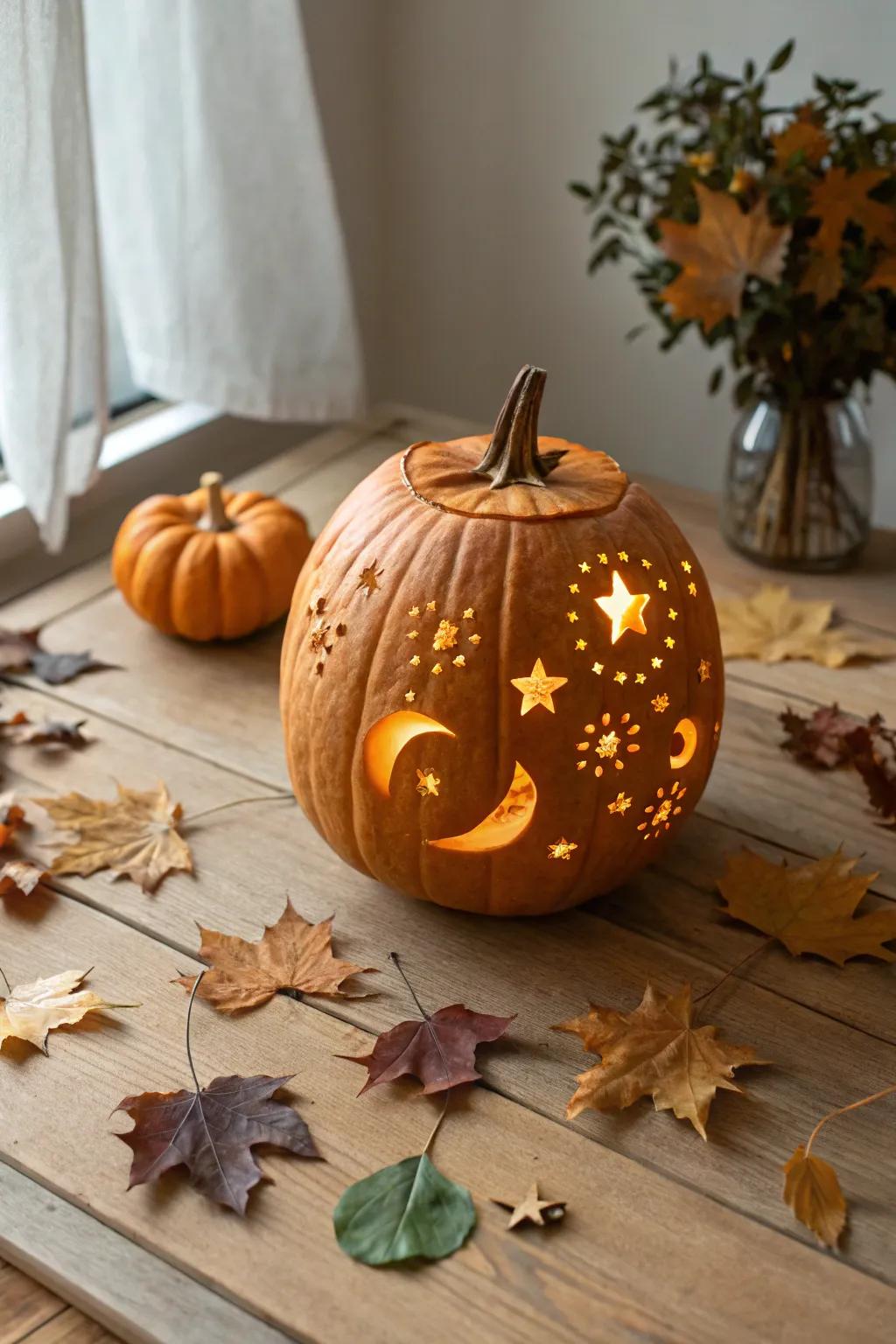 Illuminate your autumn nights with a whimsical starry pumpkin lantern, where simplicity meets magic.