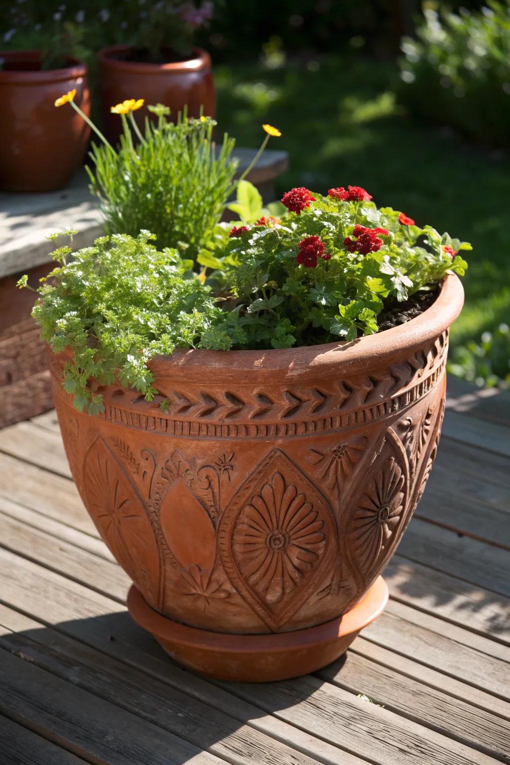 Elevate your deck's vibe with a touch of greenery in artisan-crafted pots.