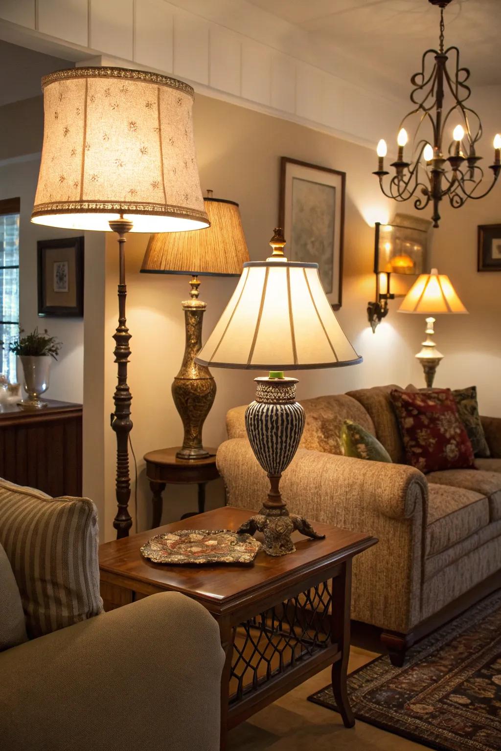 Layered lighting with varied lamp styles for a cozy ambiance.