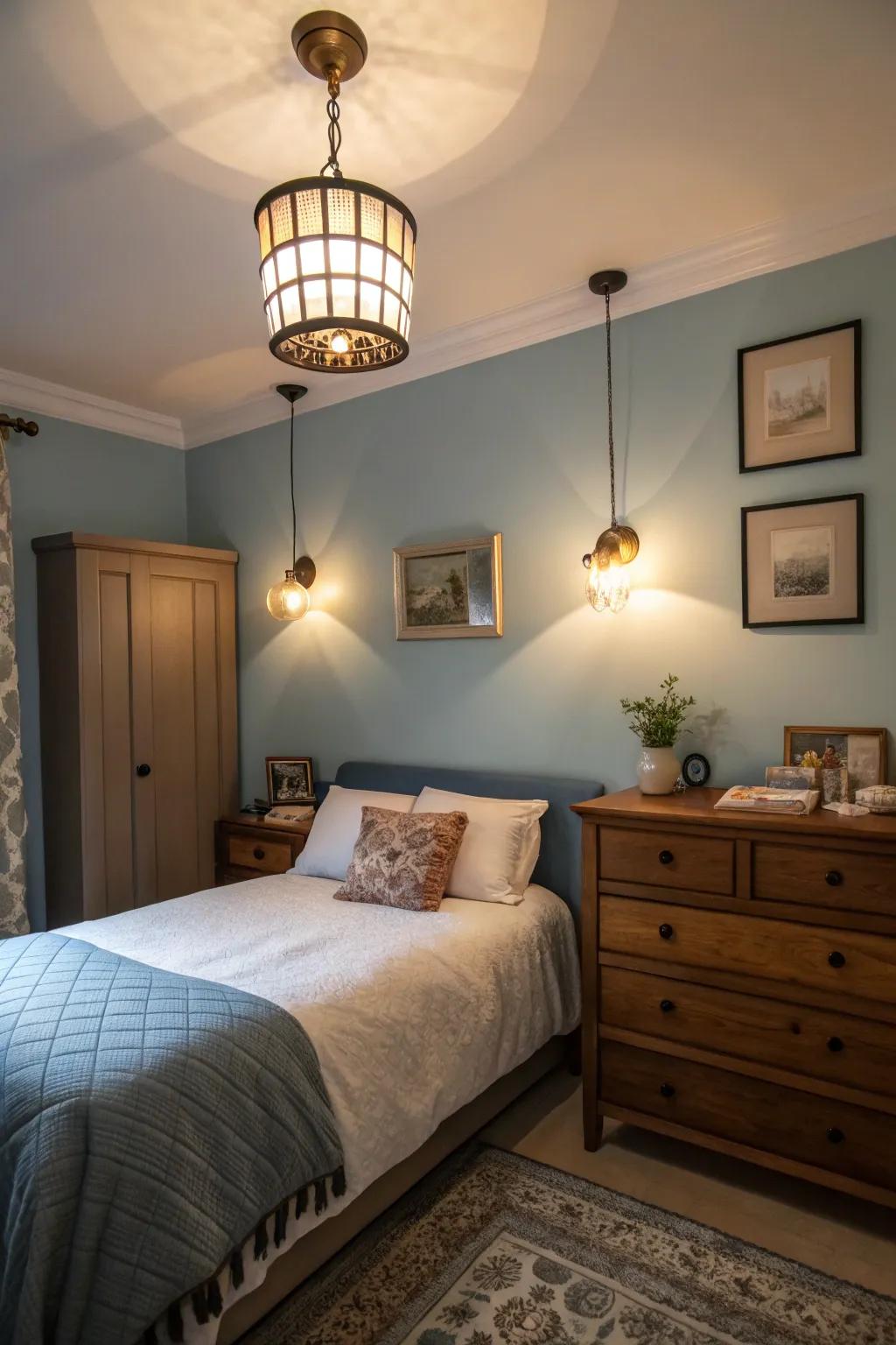 Layered lighting creates a warm and inviting ambiance in a small bedroom.